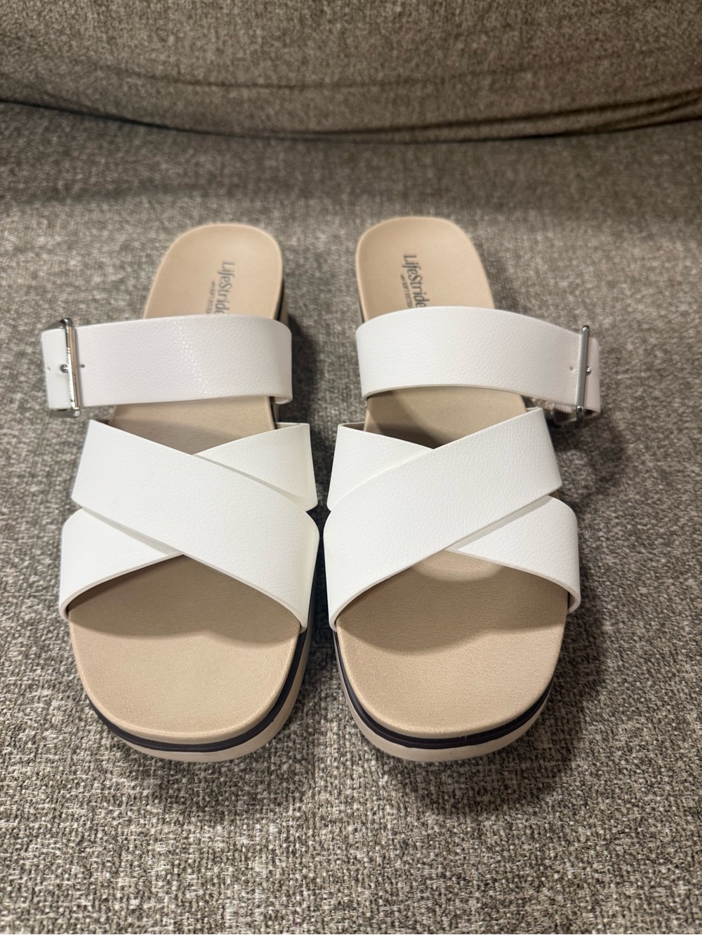 Life Stride White Crisscross Slide Sandals with Buckle